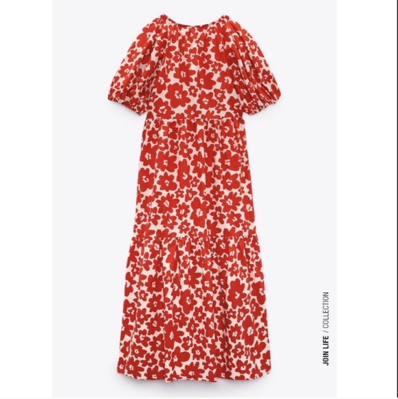ZARA * Floral Printed Poplin Maxi Dress Red size xs - Picture 13 of 16